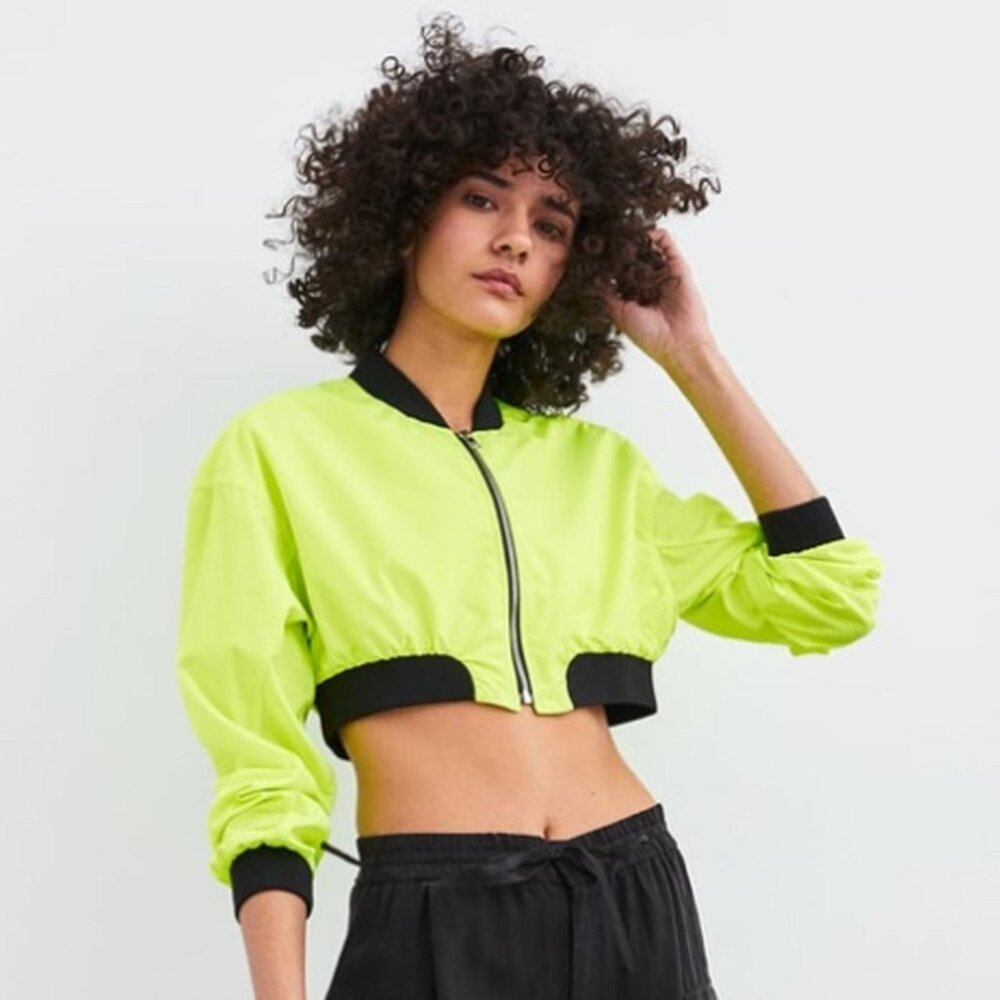 Zara Womens Size Medium Cropped Bomber Jacket Coat Yellow Highlight Zip Up